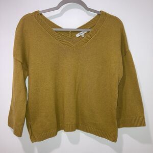 Madewell Double V Neck 3/4 Sleeve Cotton Blend Knit Sweater XS Mustard Yellow